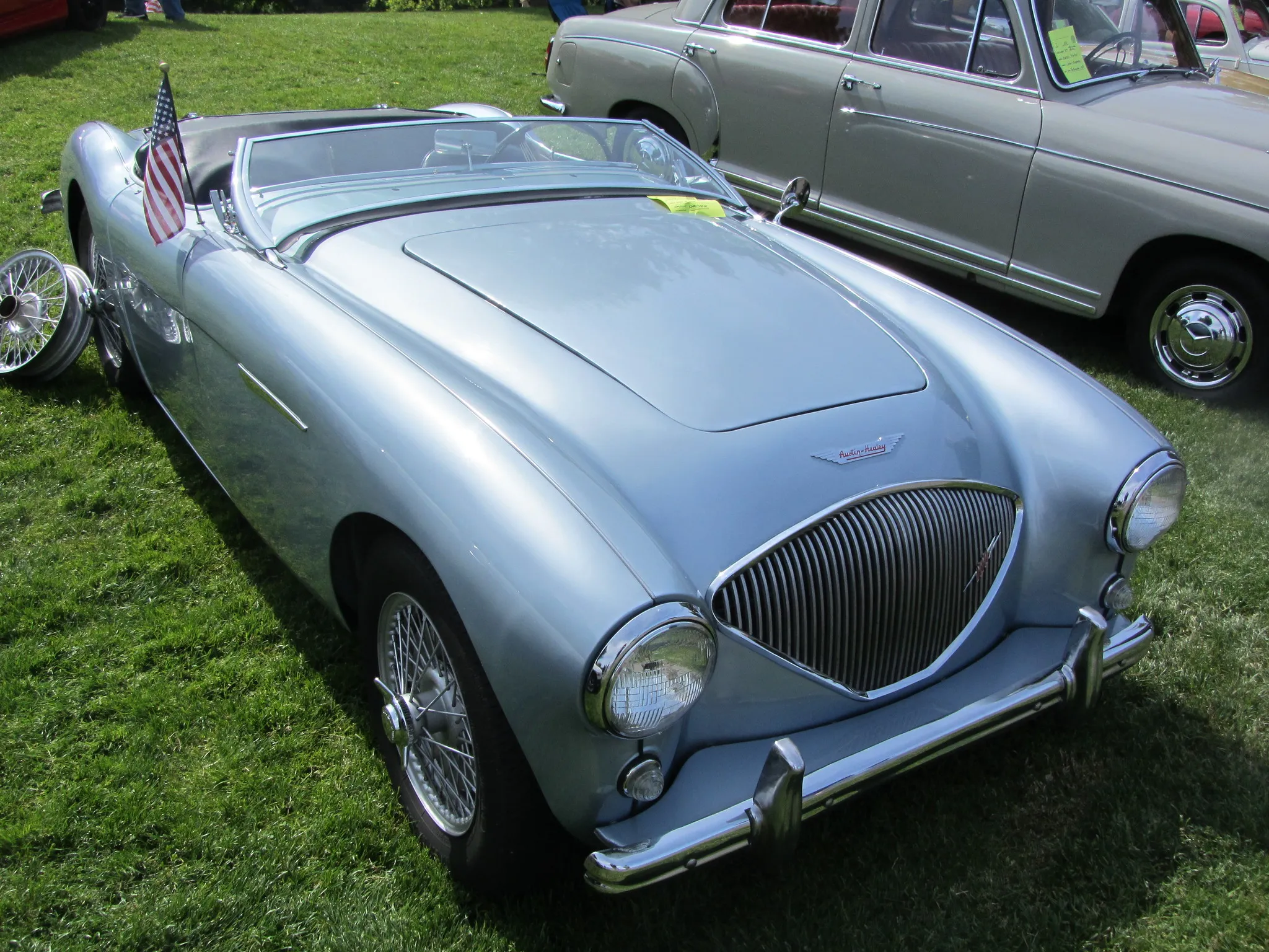 A silver-blue Austin-Healey 100 four-cylinder roadster, front three-quarter view, on show grass
