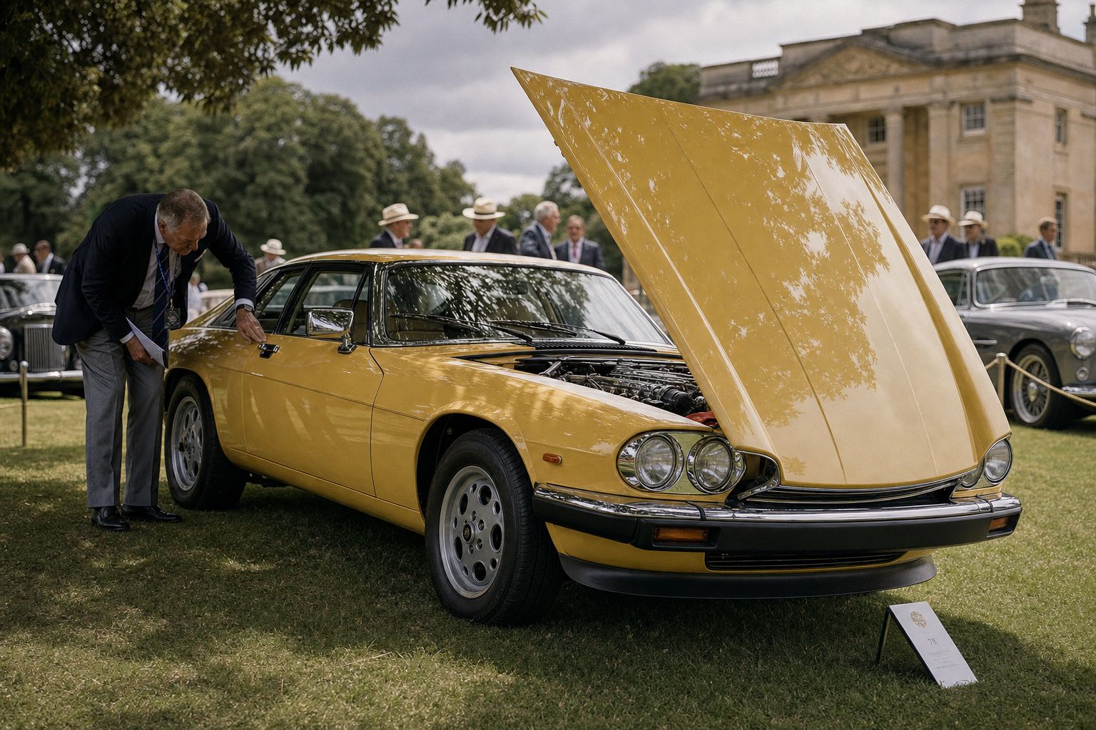 A yellow Jaguar XJS being inspected with its bonnet up at a UK concours event