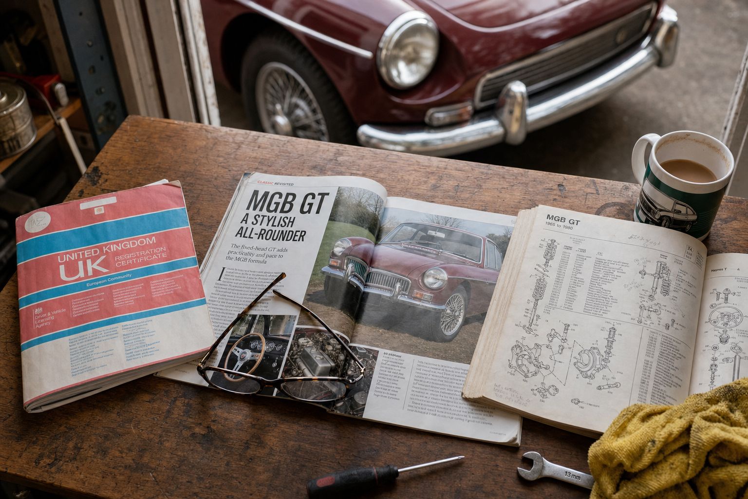 Classic car reference materials on a workshop bench