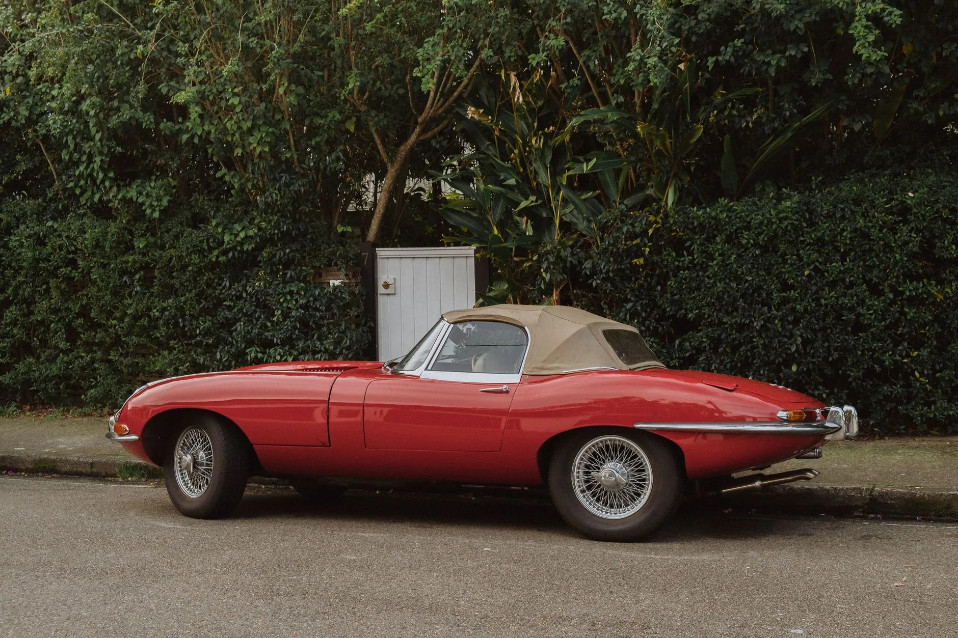 A red Jaguar E-Type roadster with the soft top raised and chrome wire wheels, parked in profile beside a green hedge