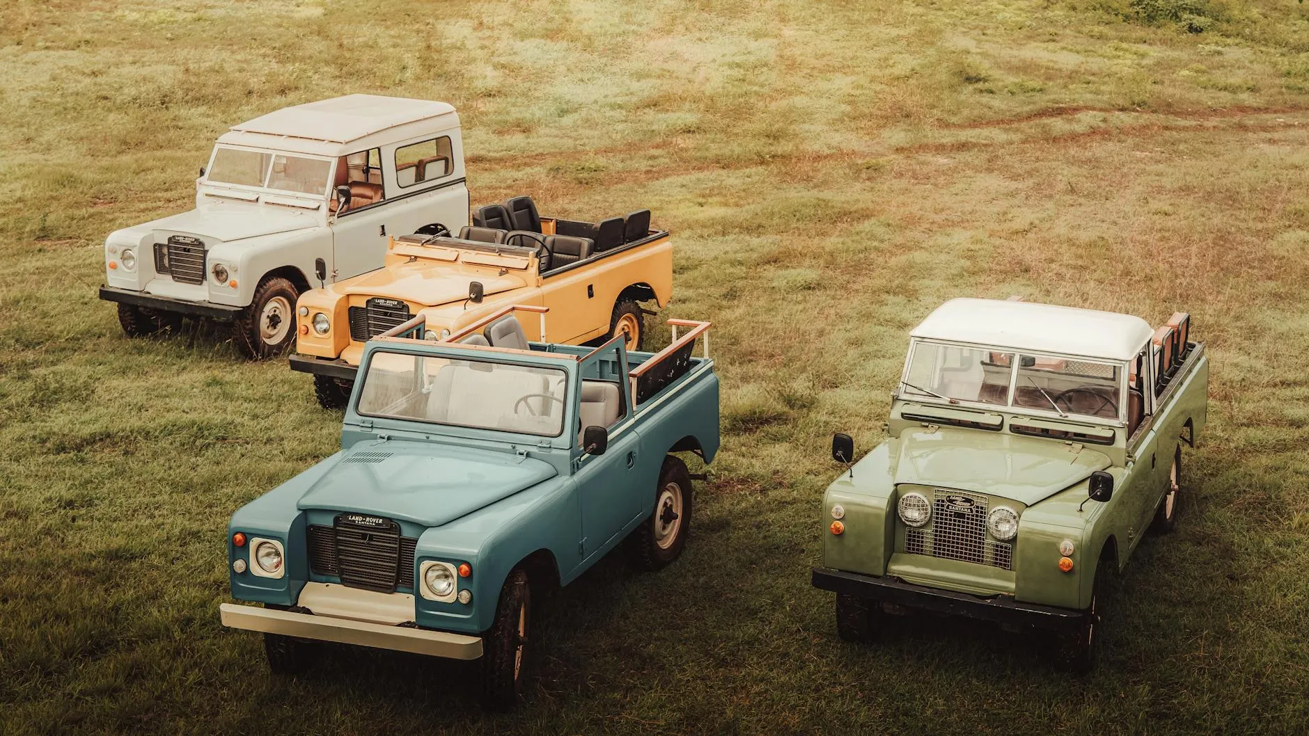A group of classic Land Rover Series vehicles parked together