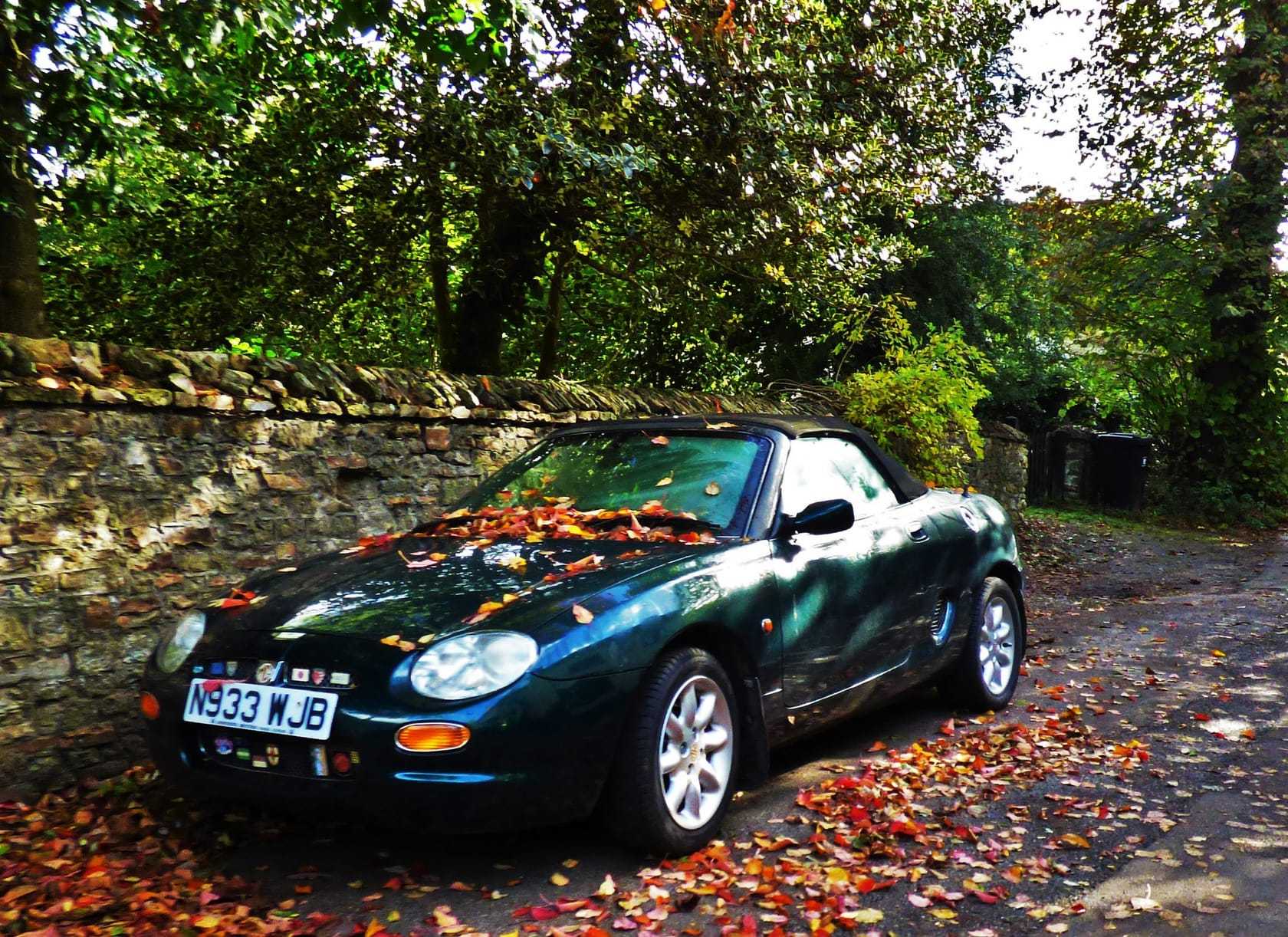 A dark green MGF 1.8 with UK registration N533 WJB among fallen autumn leaves