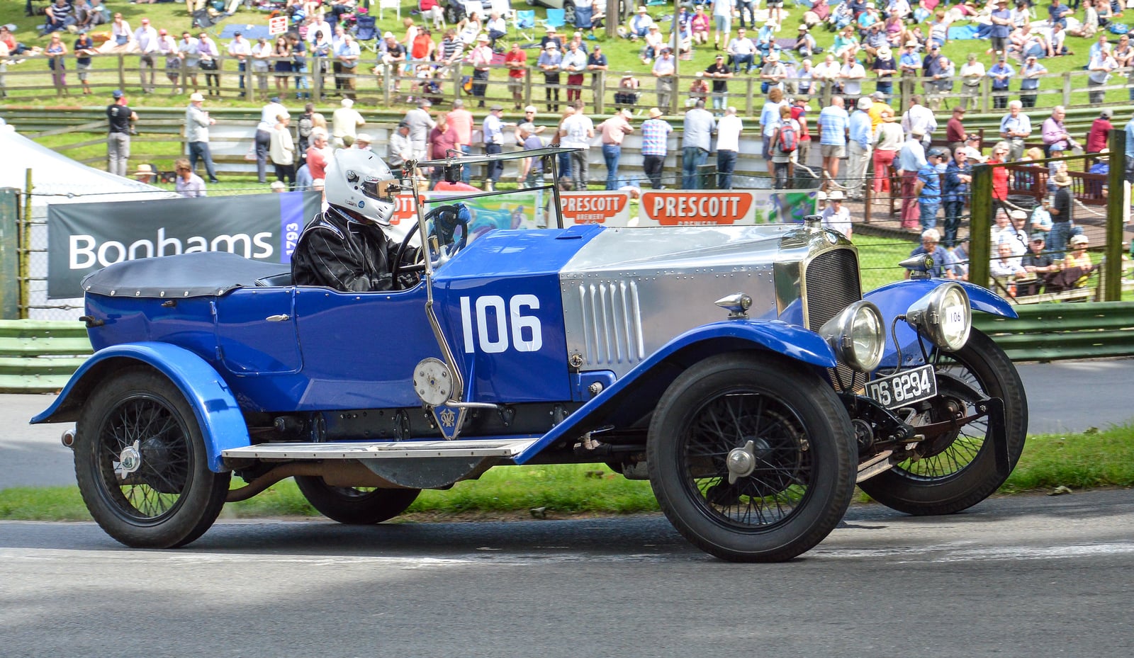 A blue Vauxhall 30-98 tourer of 1924 at the Prescott hillclimb, side view, UK registration RB 8294