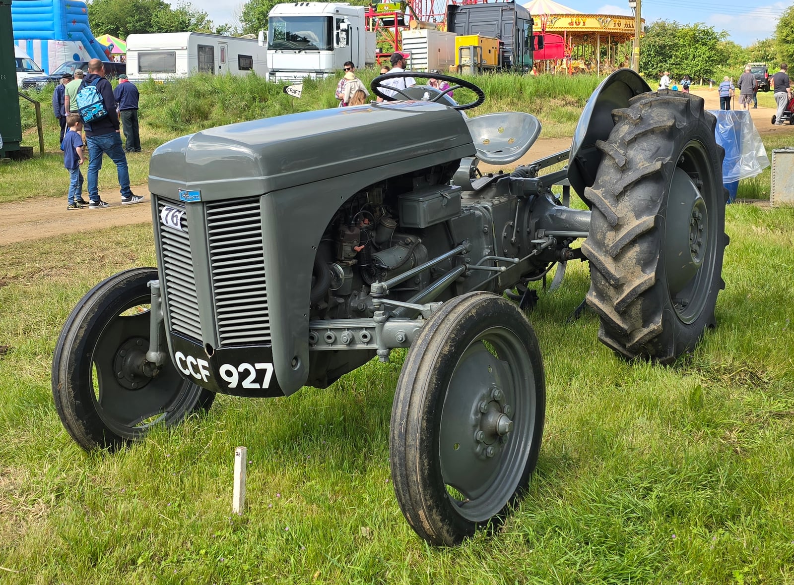 A tidy grey Ferguson TE-A20, registration CCF 927, on grass at a vintage rally