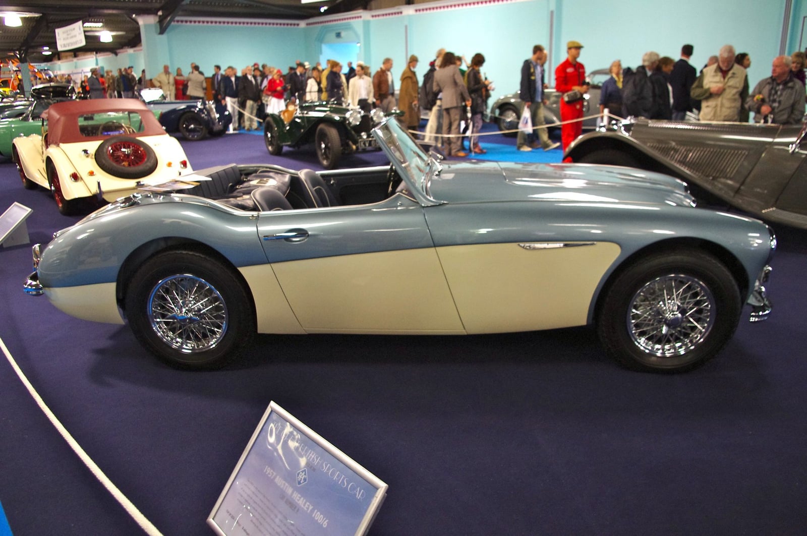 A two-tone Austin-Healey 100-6 with wire wheels on a show stand
