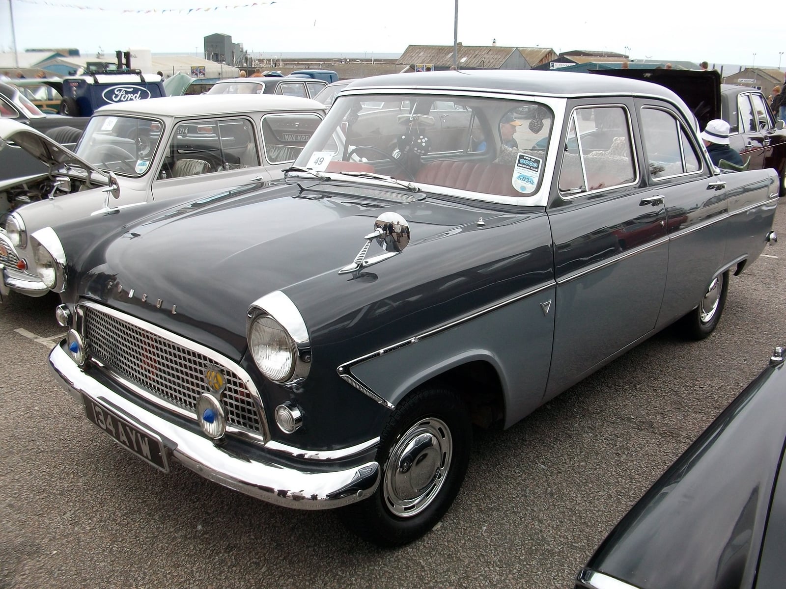 A dark Ford Consul Mk2 saloon, front three-quarter view