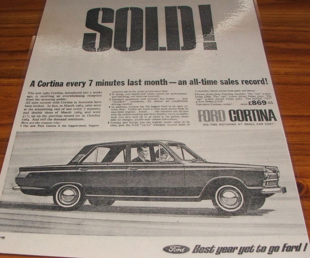 A 1965 Ford advertisement headlined SOLD, boasting a Cortina sold every seven minutes