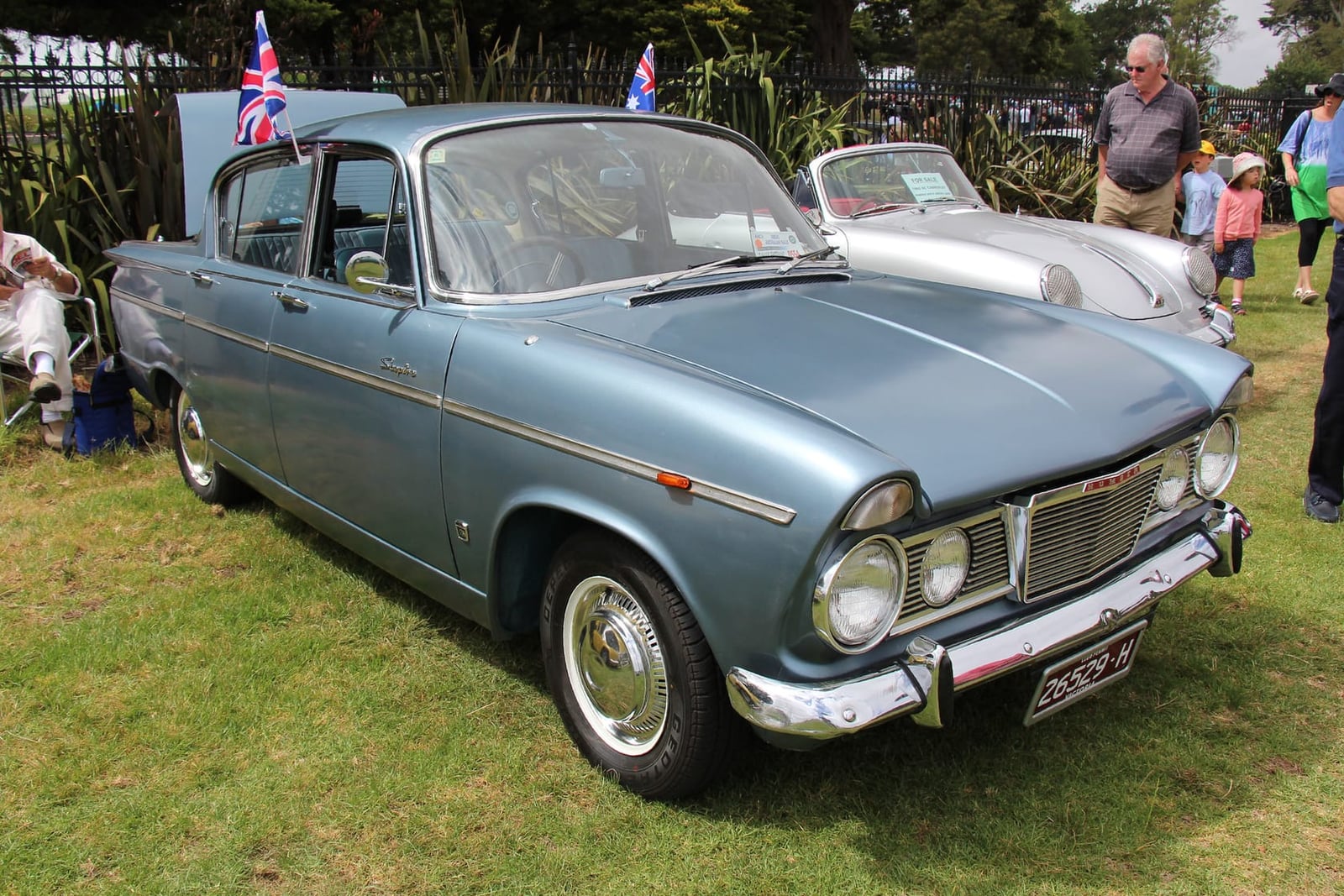 A grey-blue 1966 Humber Sceptre Mk II saloon at a show, front three-quarter view