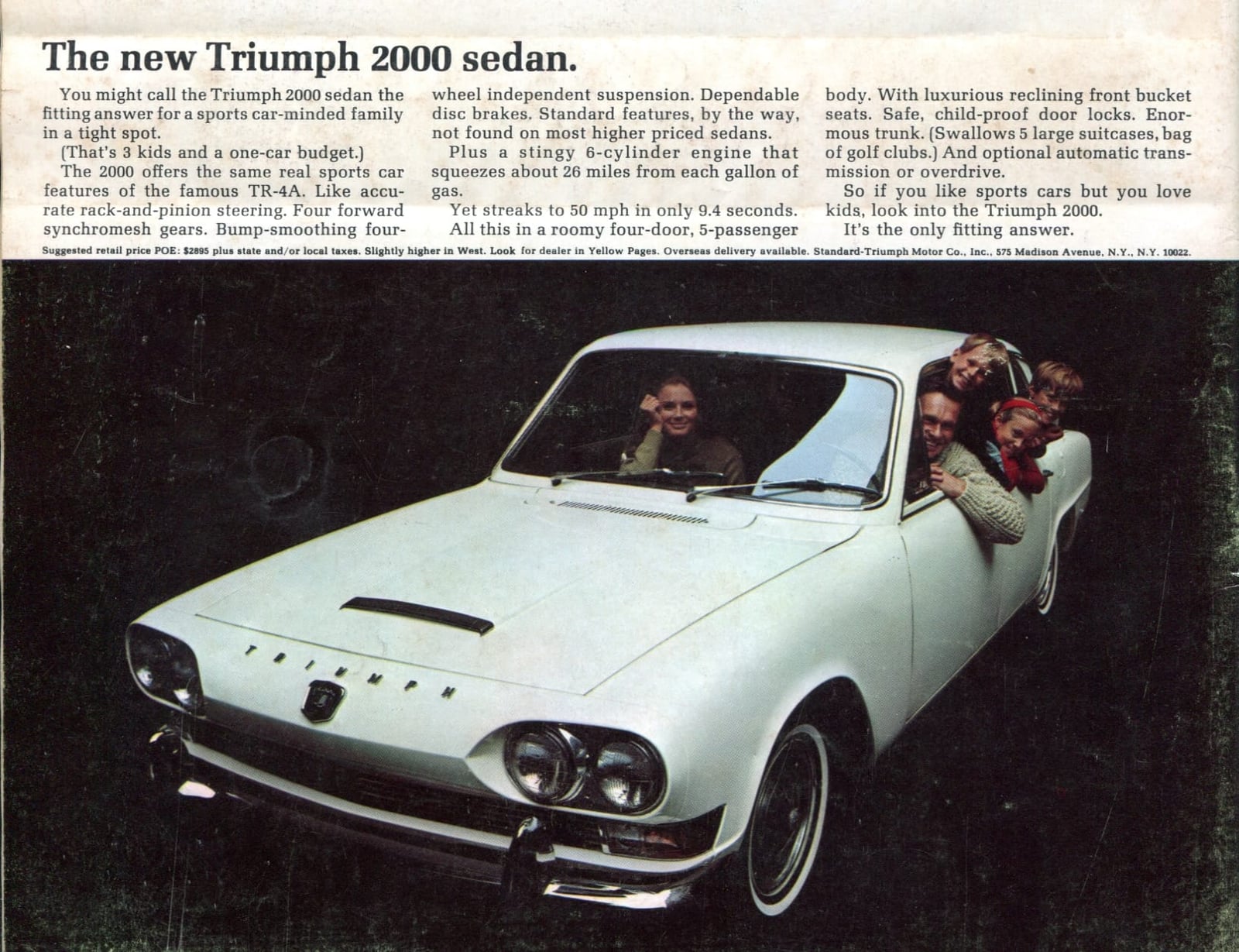 A 1966 magazine advertisement for the Triumph 2000 sedan from Road and Track