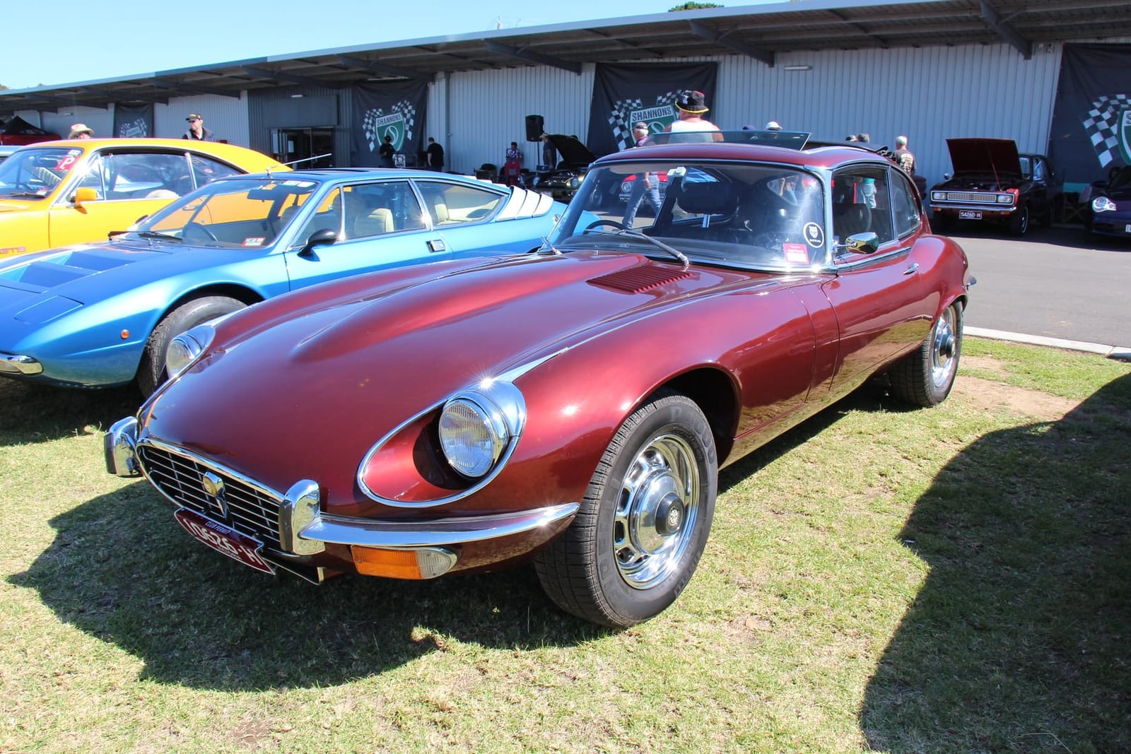 A maroon 1973 Jaguar E-Type Series 3 V12 2+2 coupé with a UK registration, parked on grass at a show
