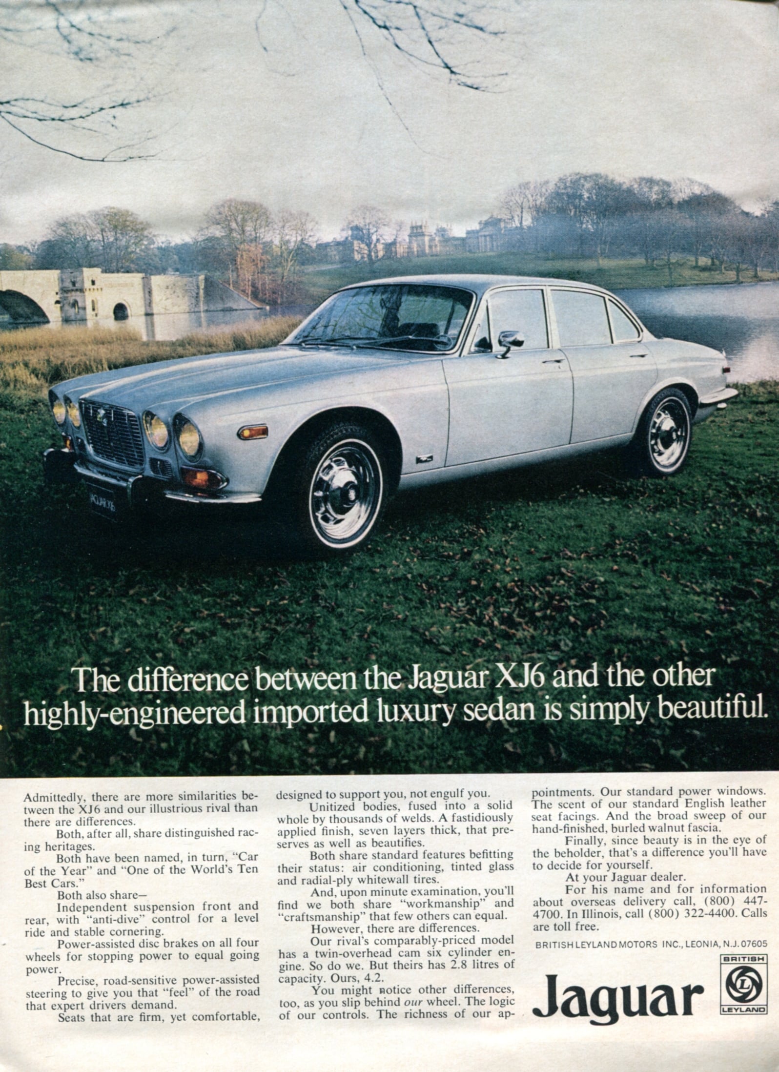 A 1973 Jaguar XJ6 magazine advertisement showing a silver Series 1 saloon