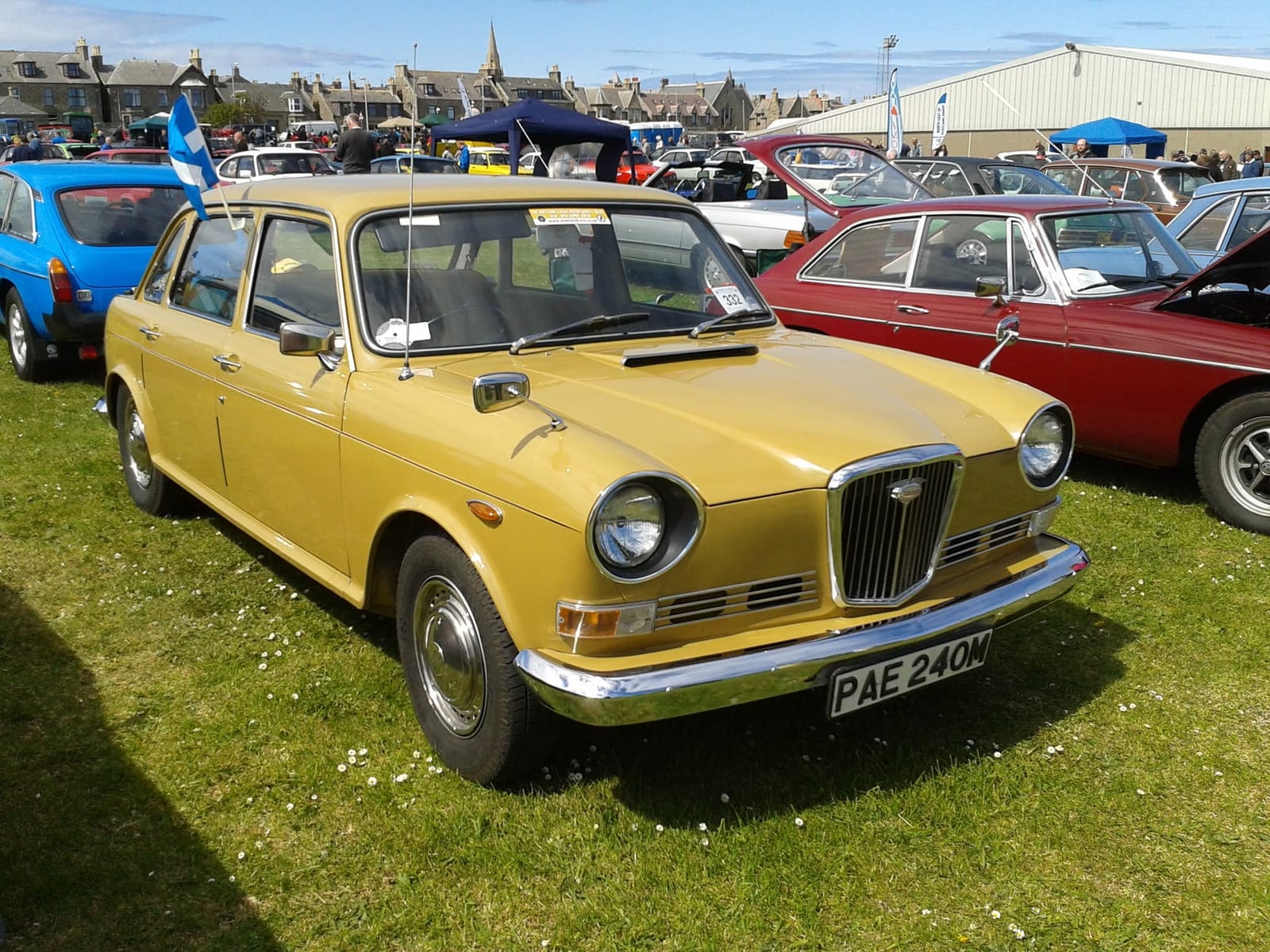 A yellow 1973 Wolseley Six with UK registration PAE 240M