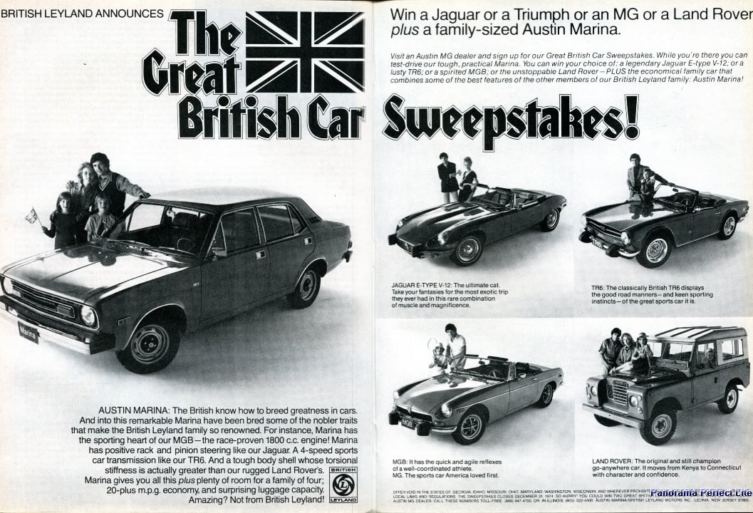 A 1974 British Leyland magazine advert headed The Great British Car Sweepstakes, showing the Austin Marina alongside the Jaguar E-Type, Triumph TR6, MGB and Land Rover