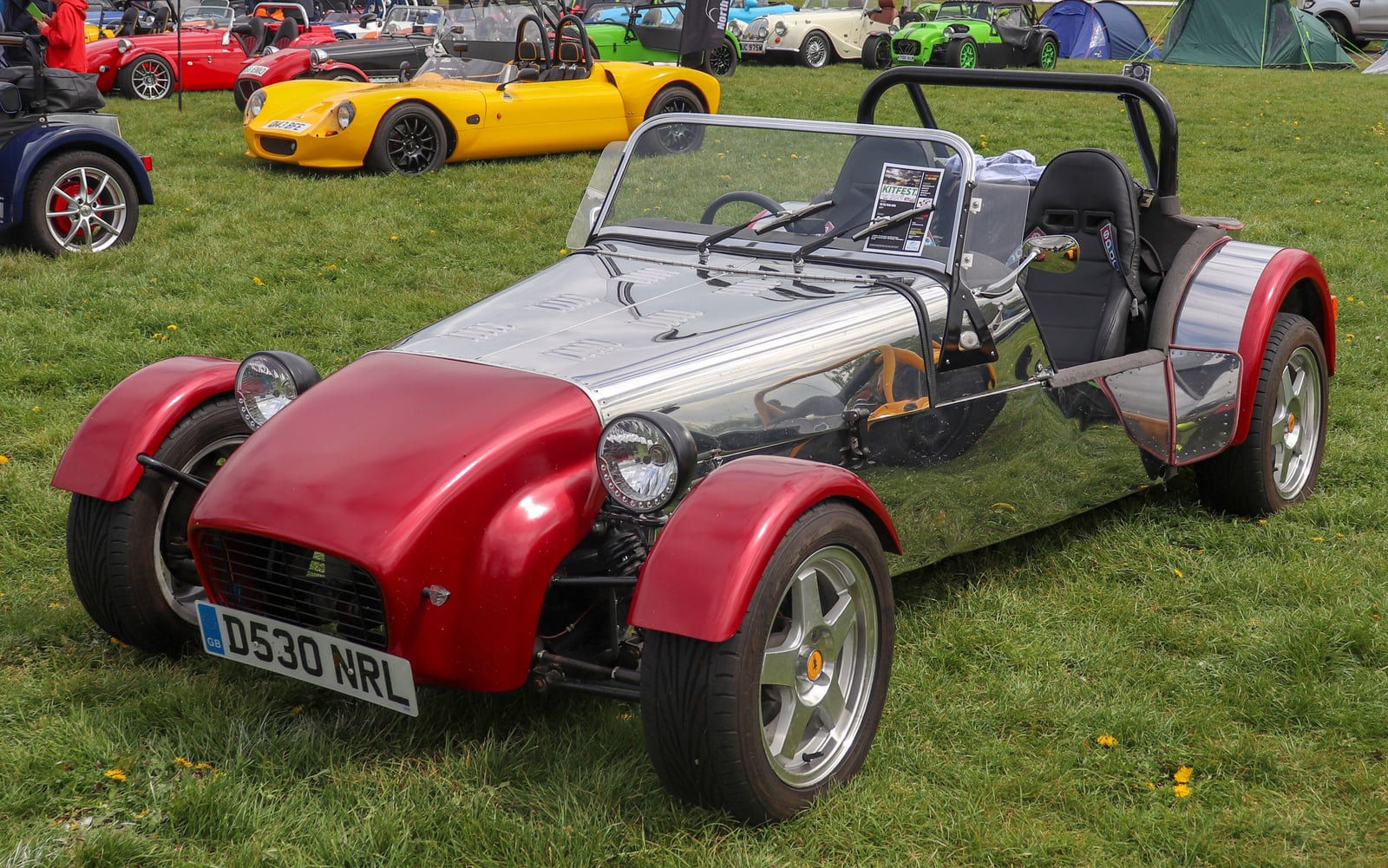 A 1987 Robin Hood Seven-style roadster with a part-stainless body, front view