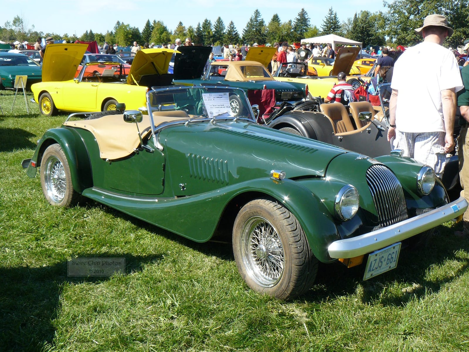 A green 1988 Morgan Plus 8 parked on grass at a classic car gathering