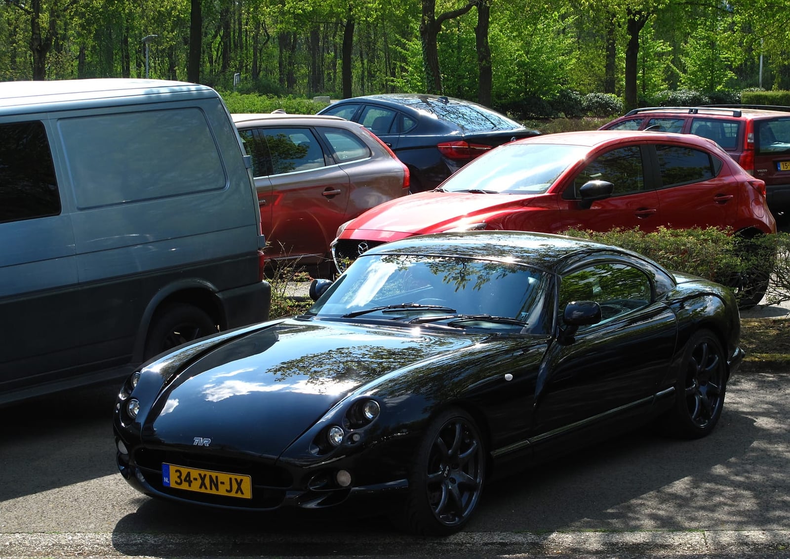 A black 1998 TVR Cerbera 4.2 V8 parked among cars at a meeting