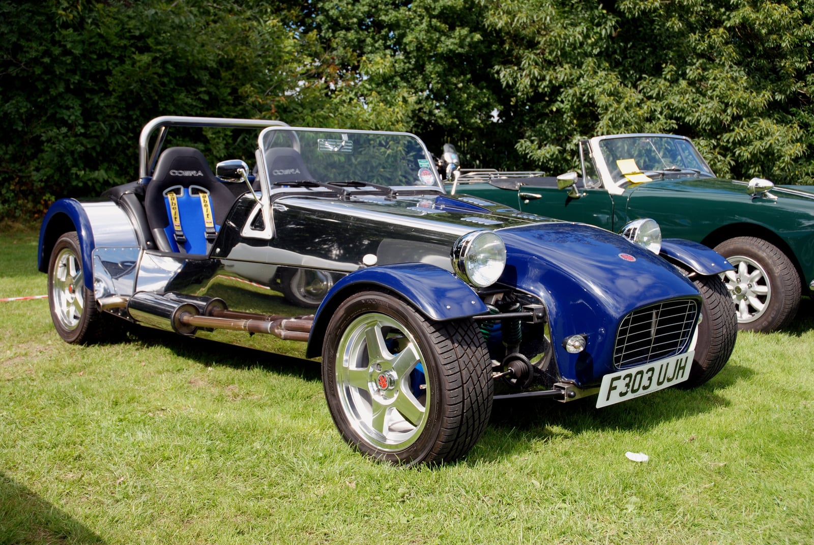 A blue and silver Robin Hood 2B Plus, a Lotus-Seven-style open roadster with a roll bar, front three-quarter view on grass