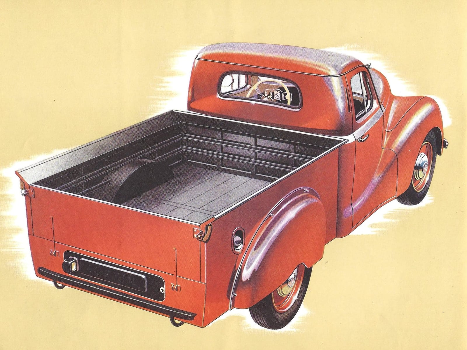 A period Austin brochure illustration of a red A40 10cwt pick-up with the tailgate down