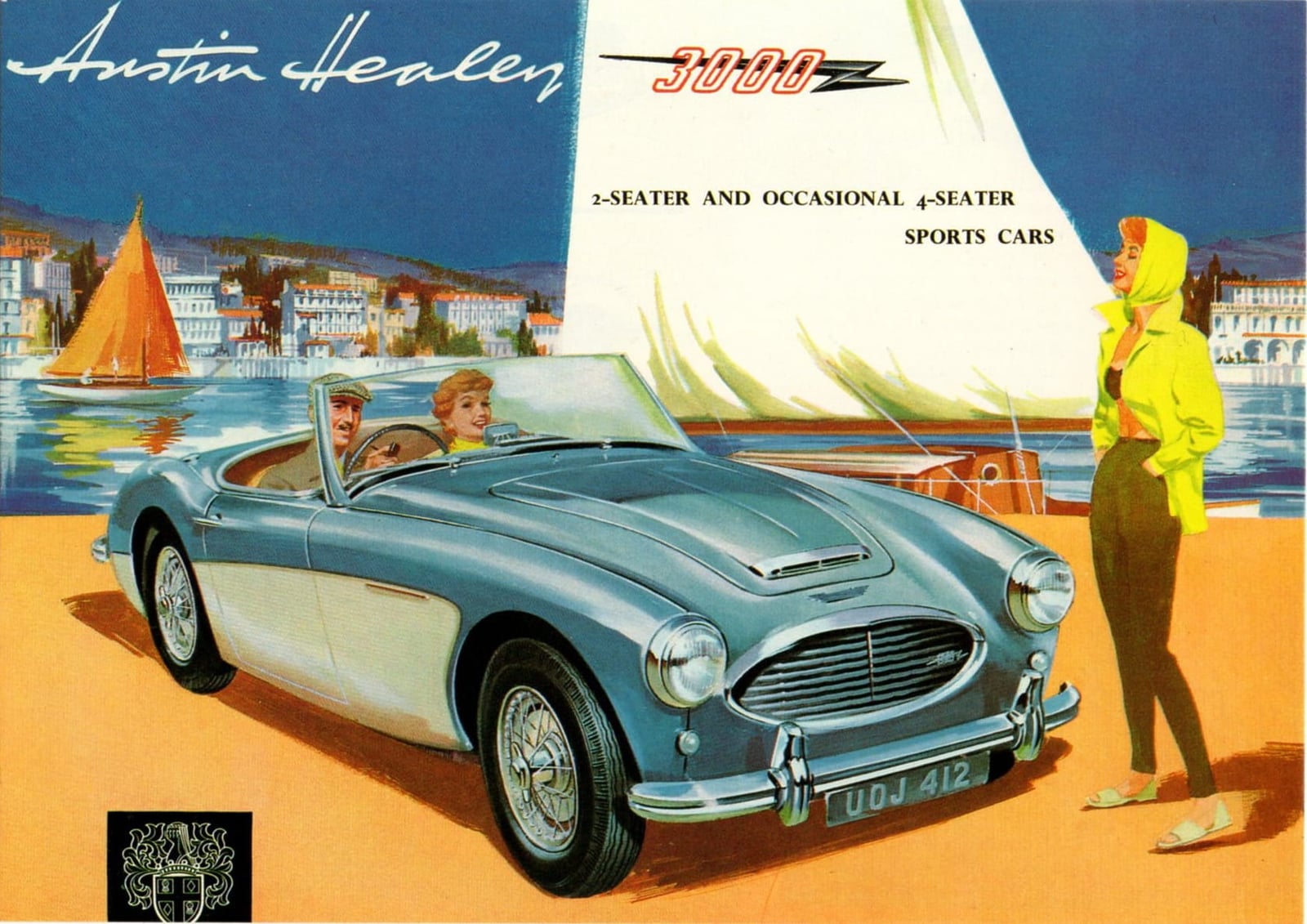 A 1959 Austin-Healey 3000 brochure illustration showing a blue car by a harbour, captioned as a two-seater and occasional four-seater sports car