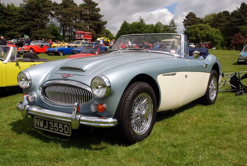 A two-tone light blue and cream Austin-Healey 3000 with chrome wire wheels and period tyres, side three-quarter view on grass at a show