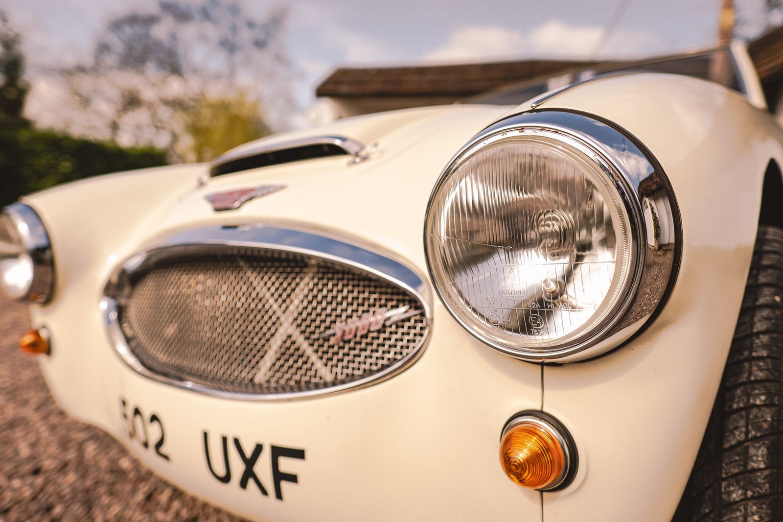 Front detail of a cream Austin-Healey 3000 showing the oval mesh grille and chrome headlamp