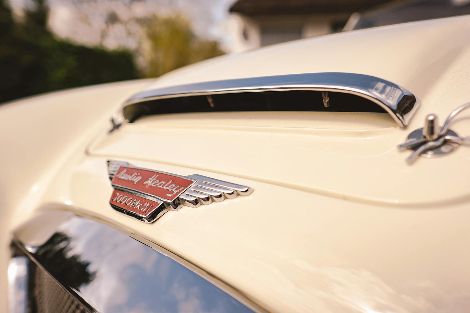 The winged bonnet badge of an Austin-Healey 3000 MkII in red and chrome