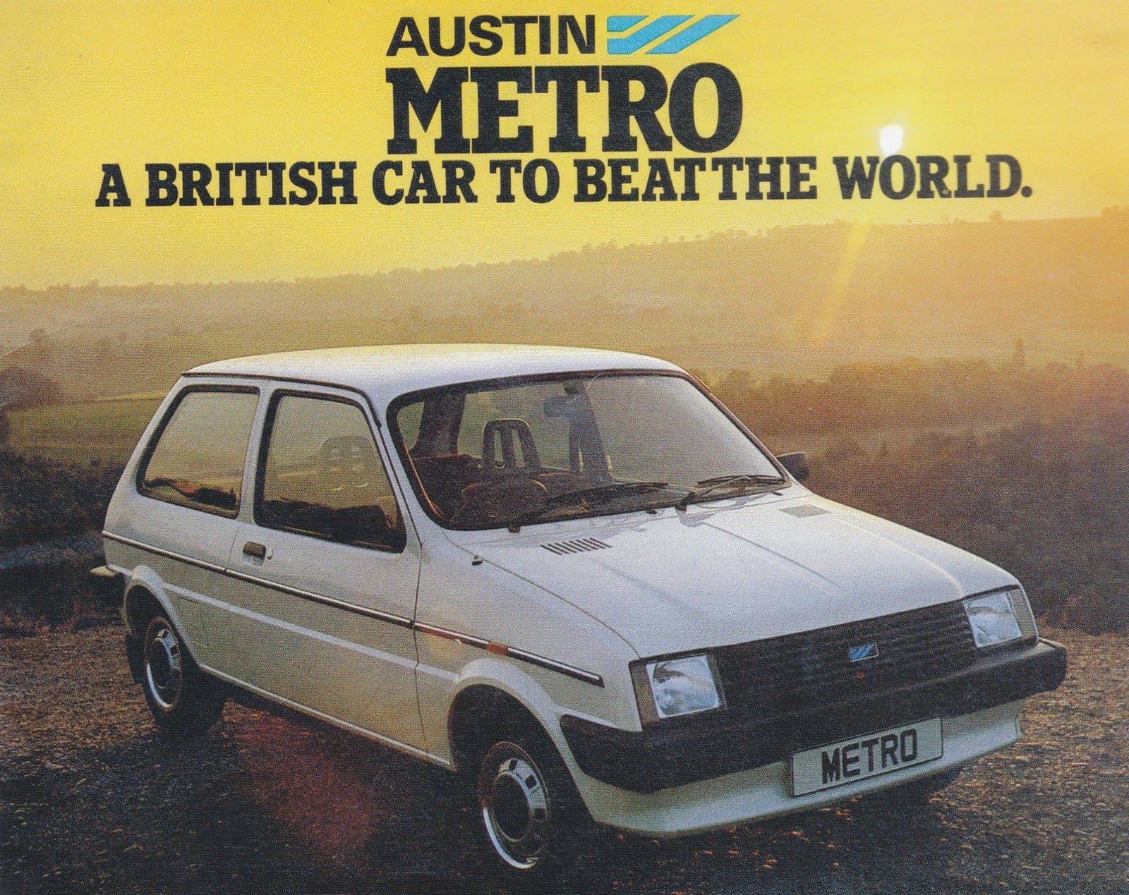 A period Austin Metro advertisement headed "A British car to beat the world", showing a white three-door Metro