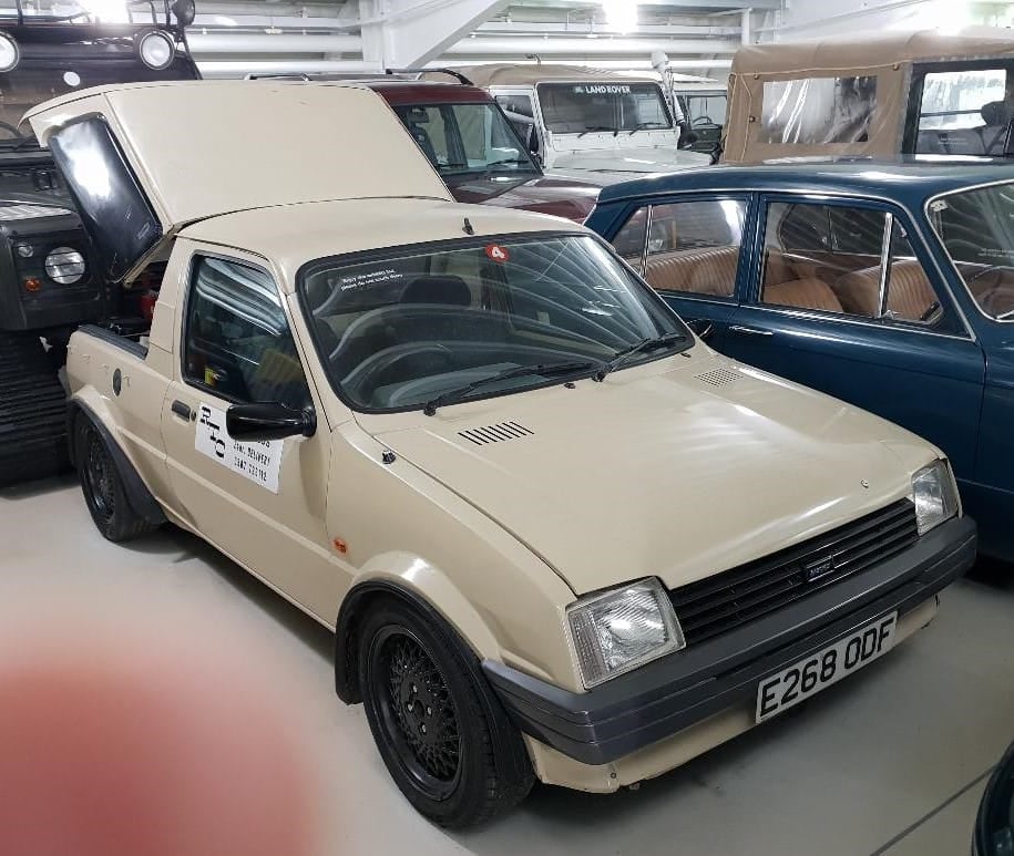 A beige 1993 Austin Metro-bodied MGF development mule in a museum