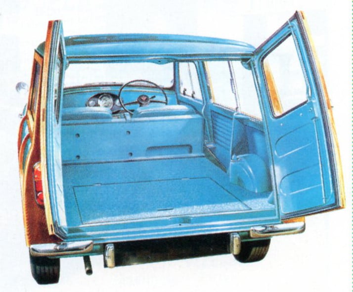 A green woody Austin Mini Countryman, front three-quarter view