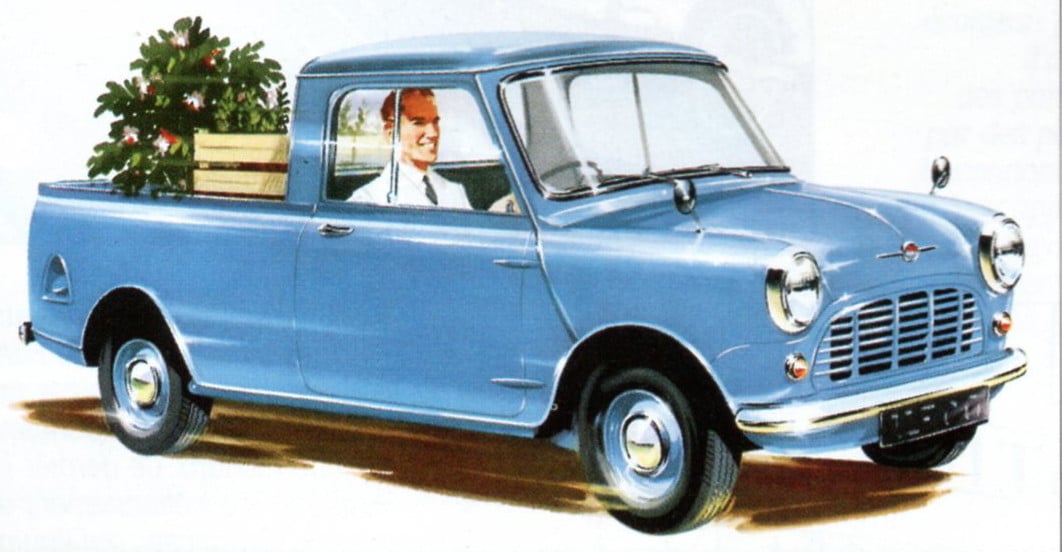 A blue Mini Pick-up, side view