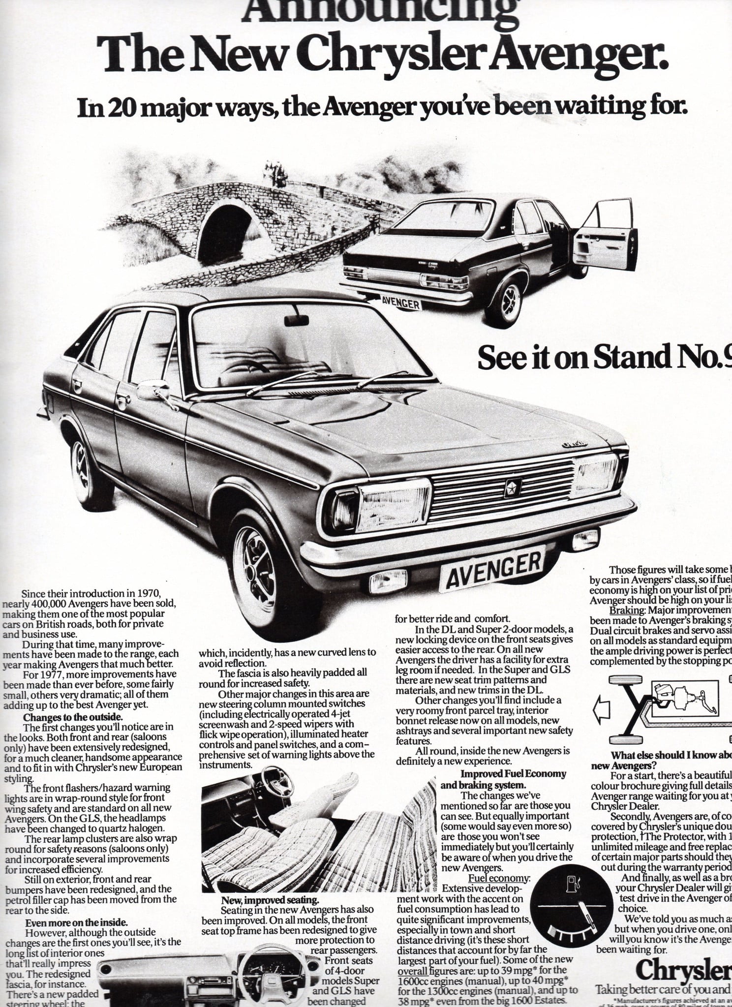 A period 1976 magazine advertisement reading "Announcing The New Chrysler Avenger. In 20 major ways, the Avenger you've been waiting for", showing a Chrysler Avenger saloon