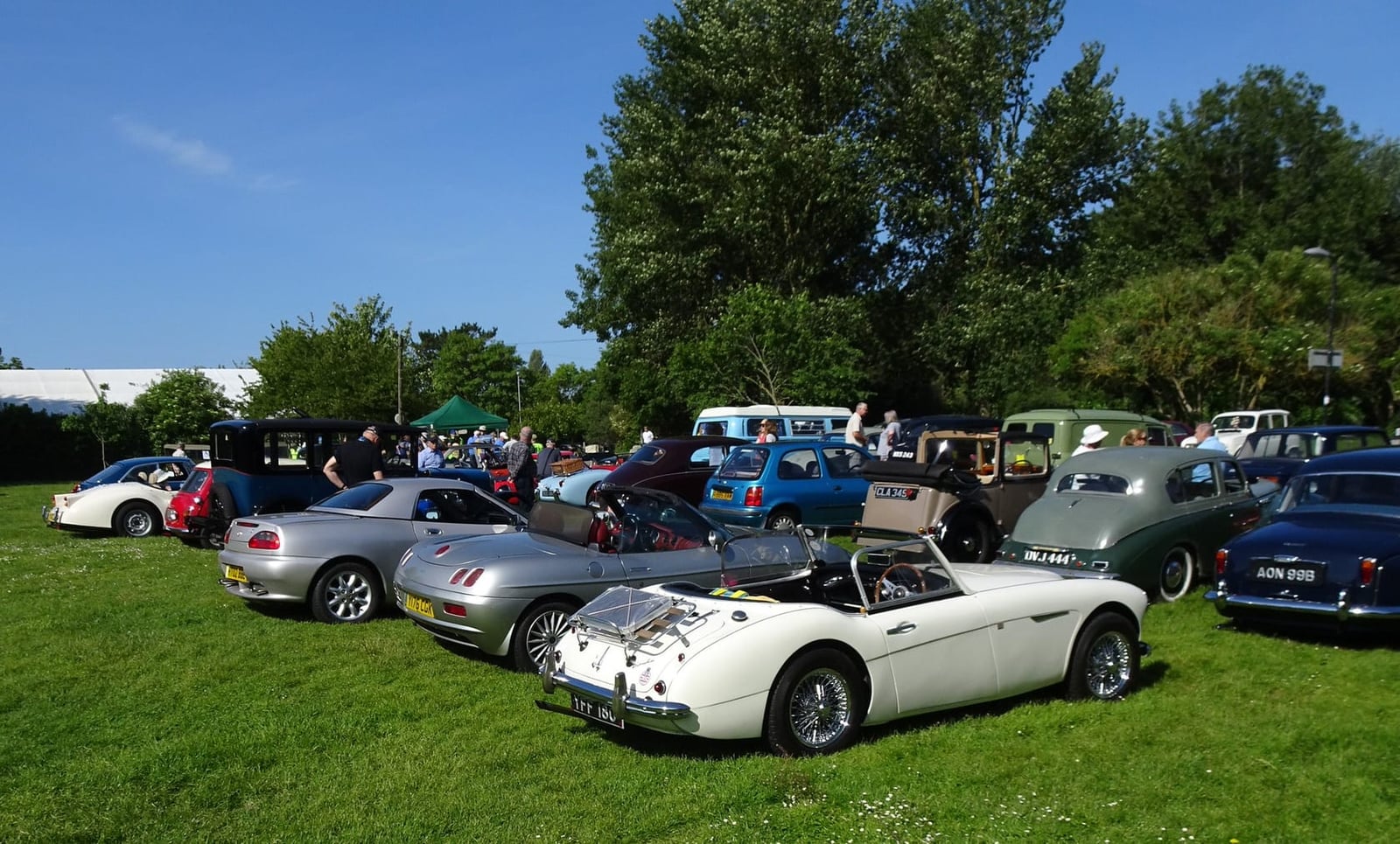 A line of MGs including two MGFs waiting at the start of a club tour on a show field