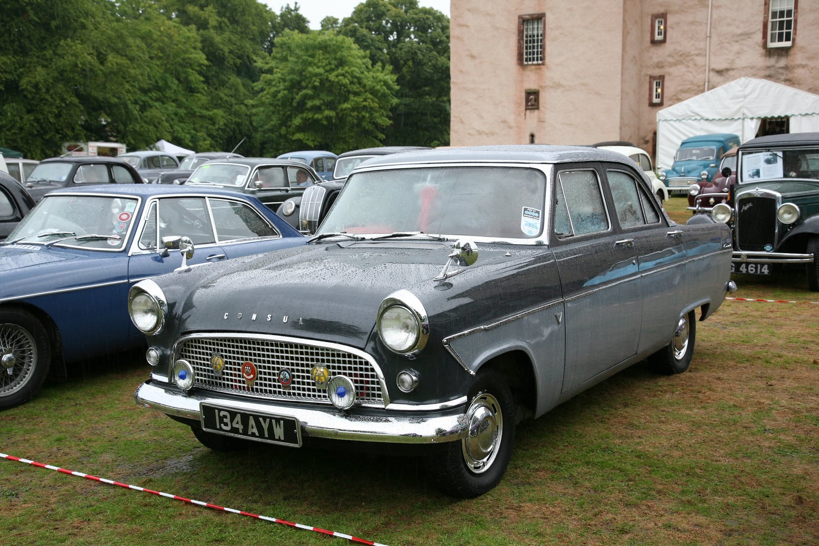 A Ford Consul Mk2 saloon on grass, front three-quarter view