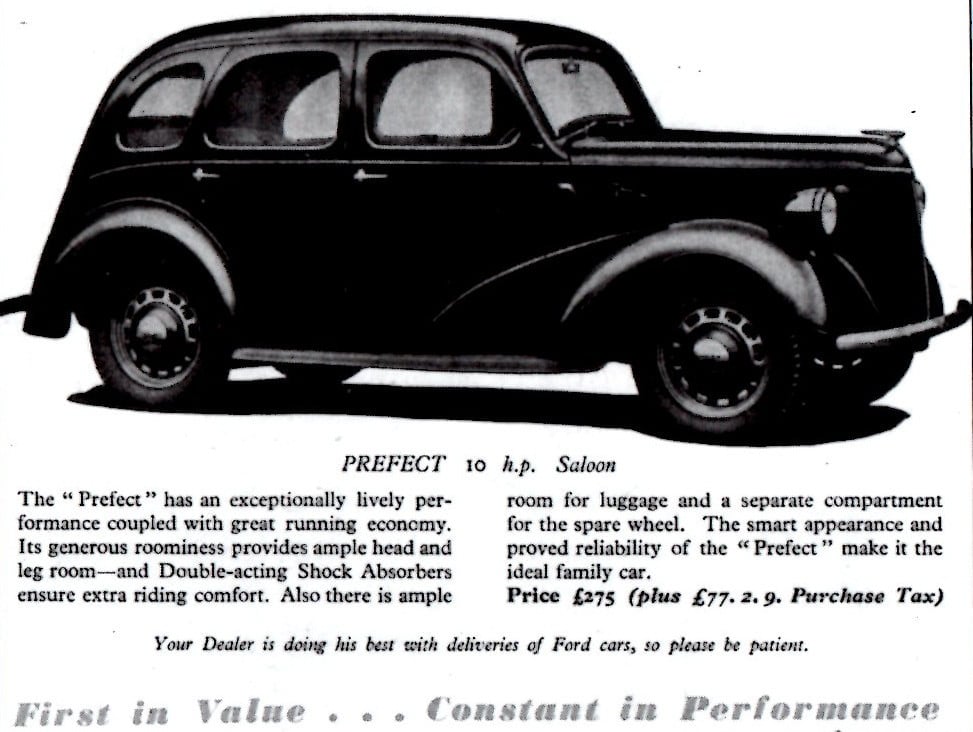 A period image of an upright pre-war Ford Prefect