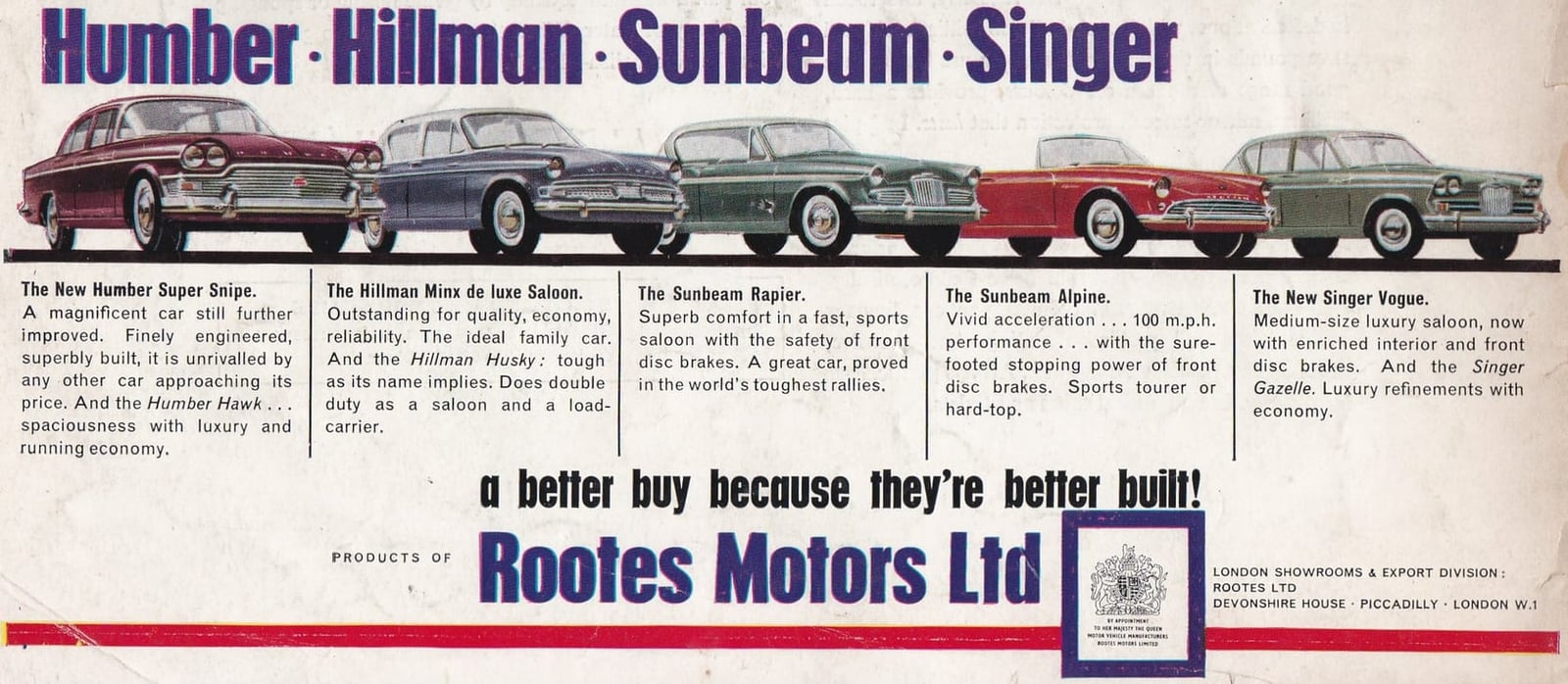 A period advertisement showing the 1963 Rootes range, a Humber Super Snipe, Hillman Minx, Sunbeam Rapier, Sunbeam Alpine and Singer Vogue in a line