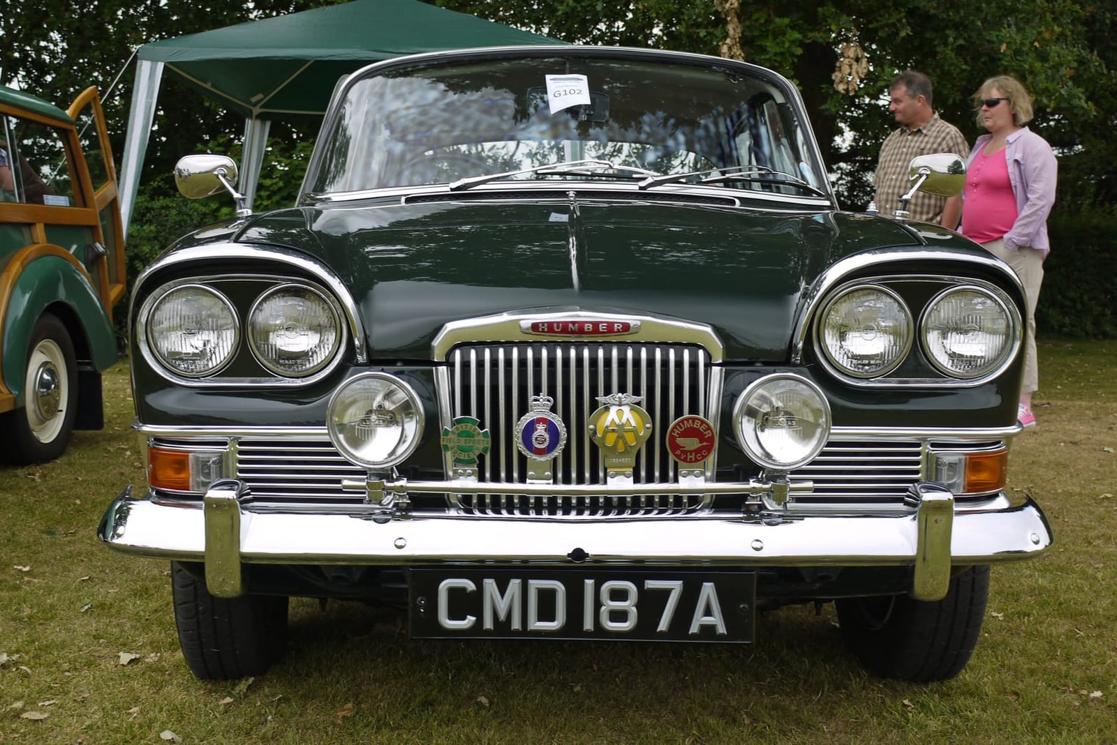 A light blue 1963 Humber Sceptre on grass, front three-quarter view, UK registration 40 FFR