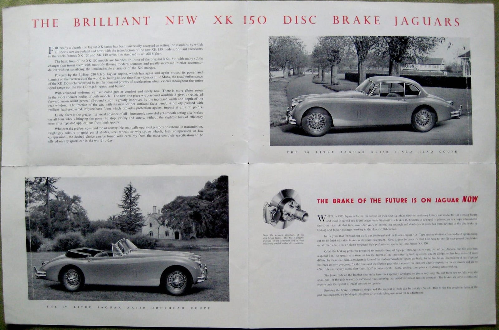 A period Jaguar sales brochure spread headed Brilliant new XK150 disc brake Jaguars