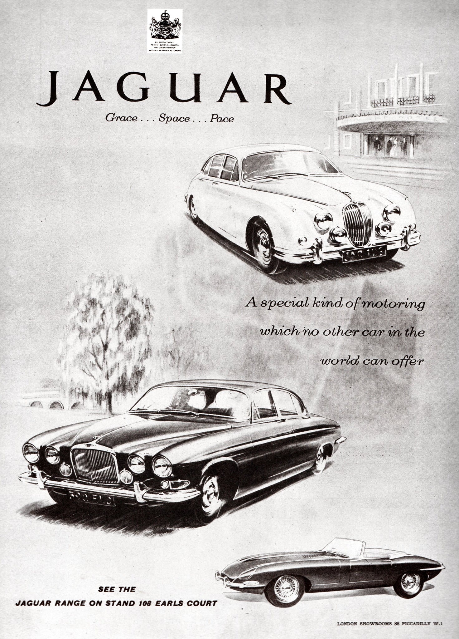 A 1960s Jaguar advertisement headed Grace Space Pace, showing the Mk2, the Mk X and the E-Type