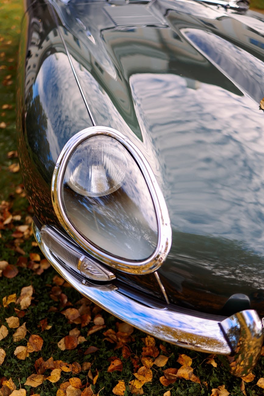 Close-up of the glass-covered headlamp on a dark green Jaguar E-Type Series 1