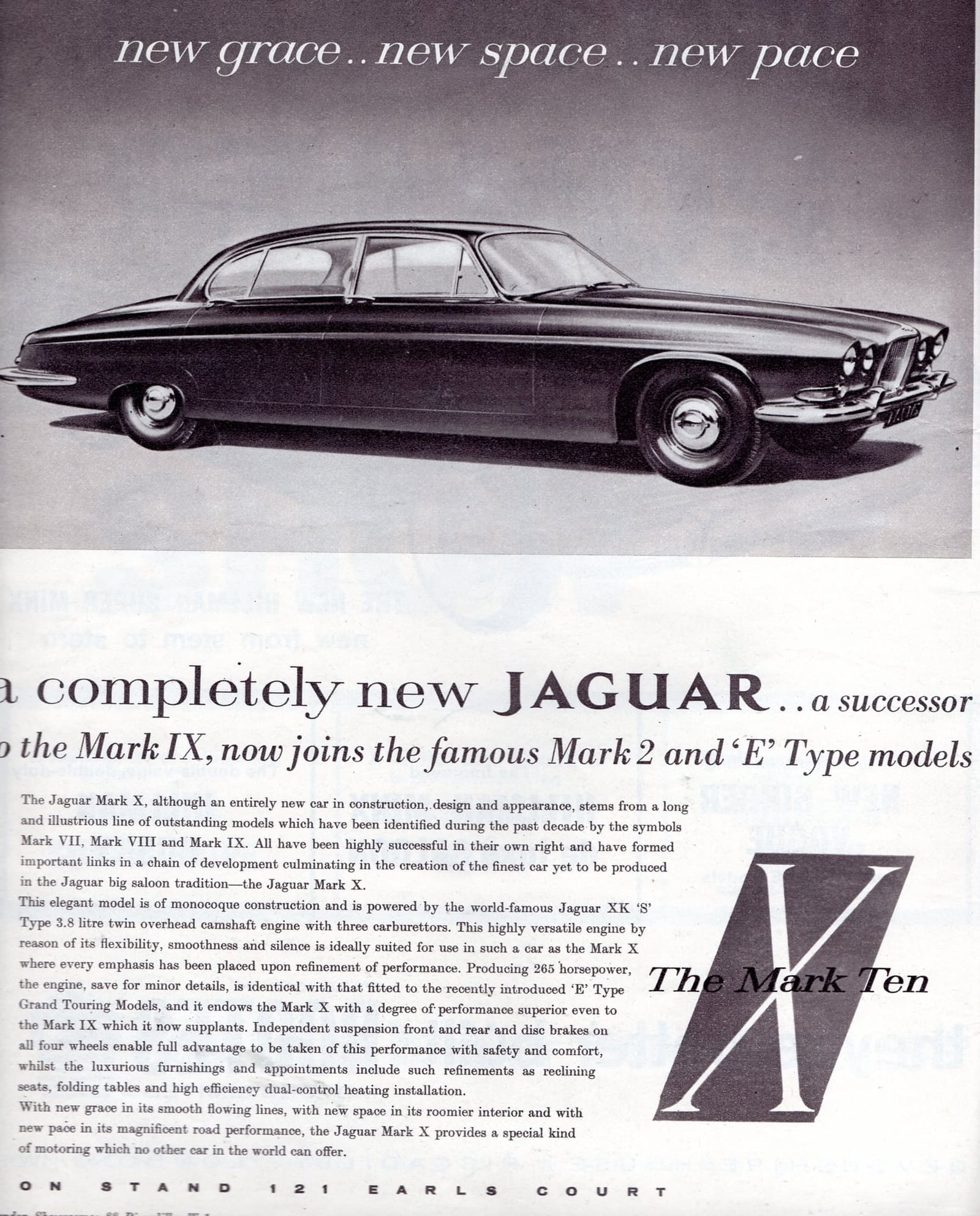 A period Jaguar advertisement for the Mark Ten saloon, showing the car in profile with the slogan new grace, new space, new pace