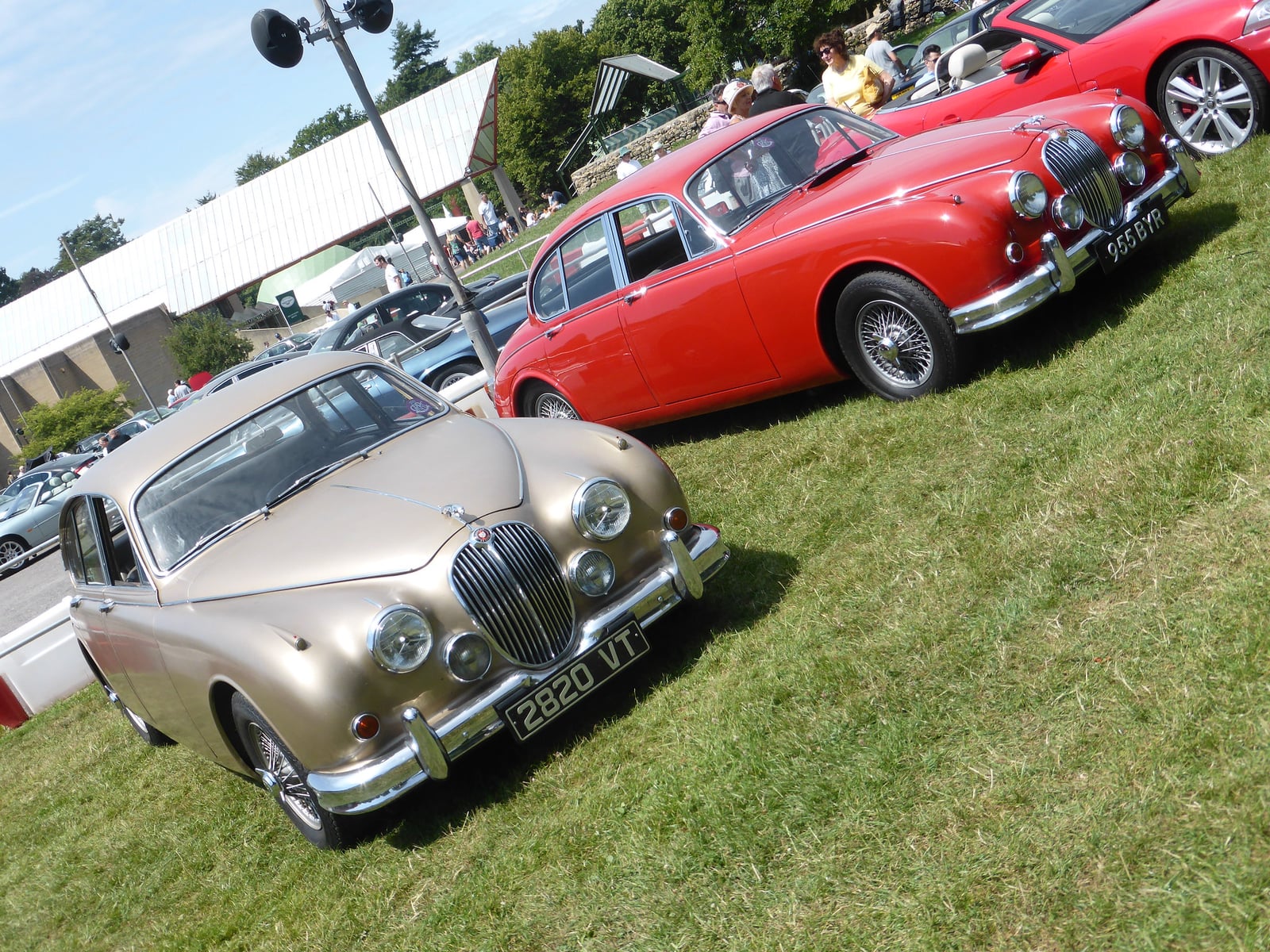 Two Jaguar Mk2 saloons, one champagne gold and one red, parked at a classic car show