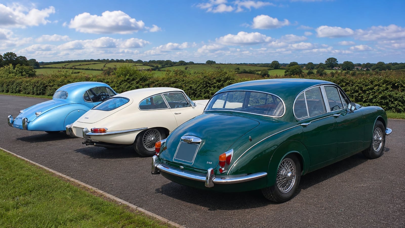 Three classic Jaguars parked nose-to-tail on a country lane, a blue XK120 fixed-head coupe, a cream E-Type and a green Mk2 240 saloon, rear three-quarter view