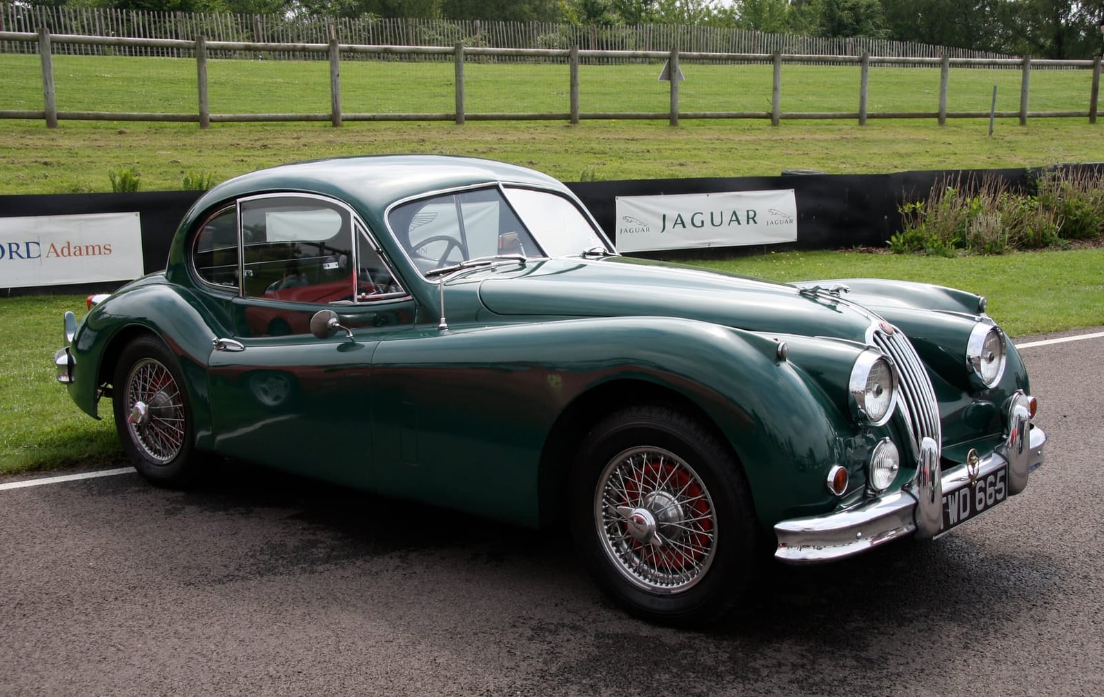 A dark green Jaguar XK140 fixed-head coupe on grass at a Jaguar event, side view