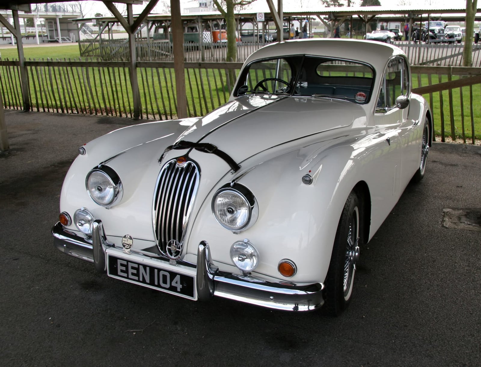 A white Jaguar XK140 fixed head coupe under a canopy, front view, UK registration EEN 104