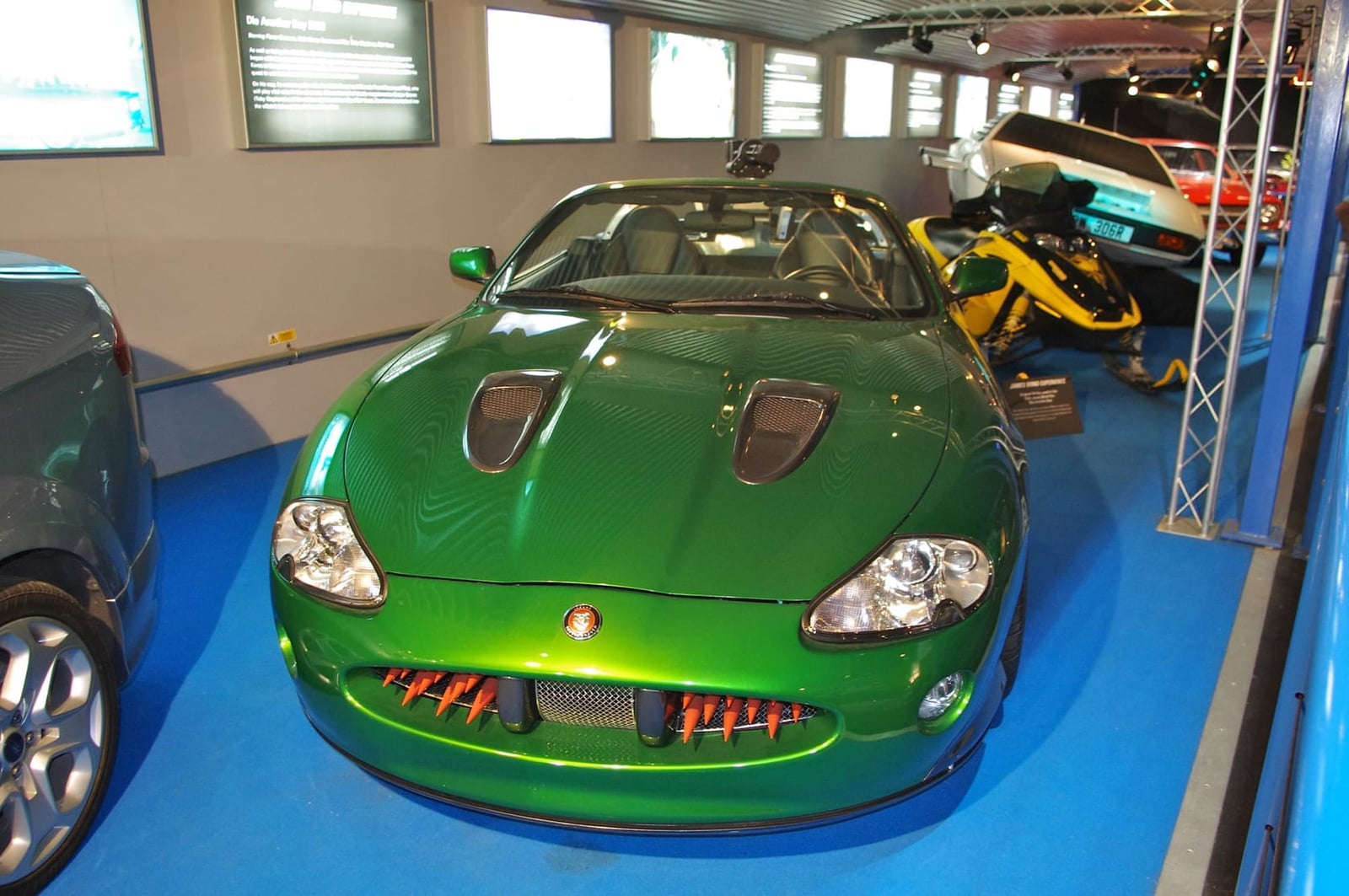 The green Jaguar XKR roadster from the 2002 Bond film Die Another Day on display