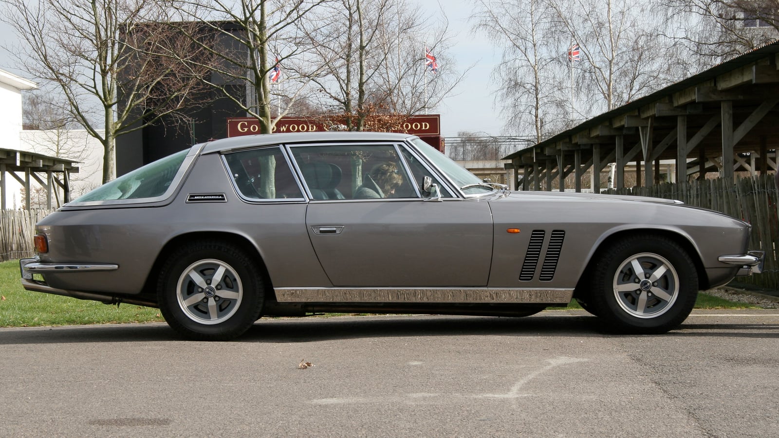 A grey Jensen FF Series 2 in profile