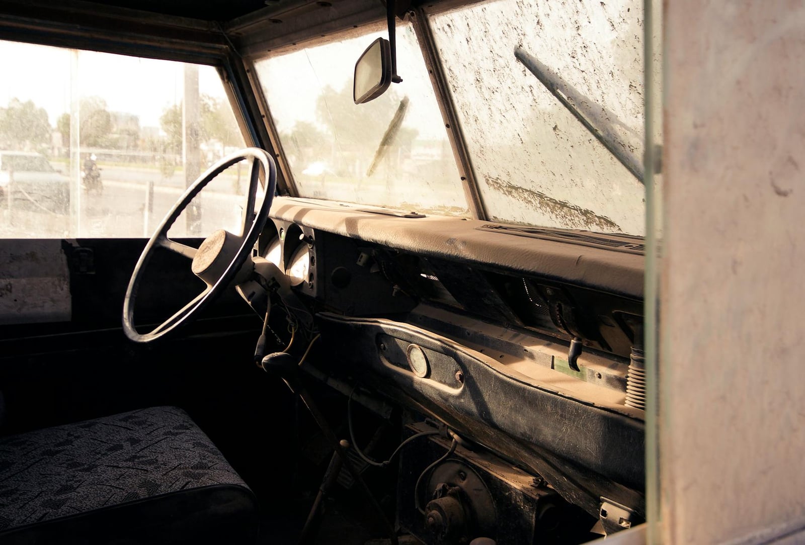 The dusty interior of a Land Rover Series III