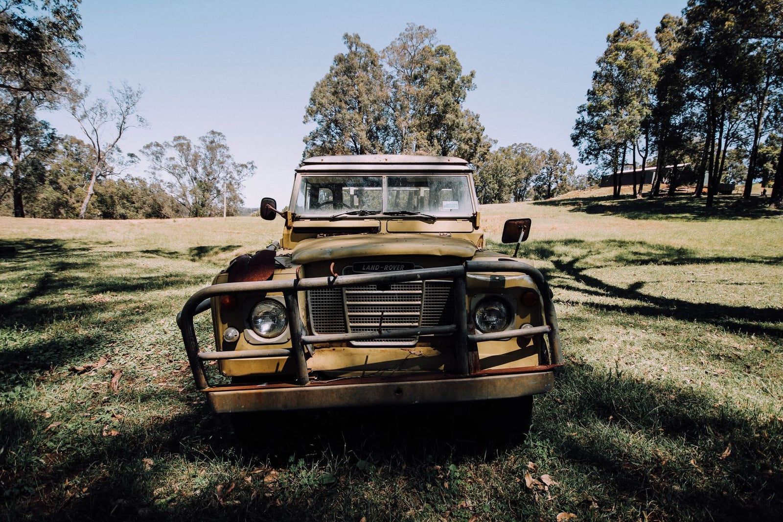 An olive-green Land Rover Series with a bull bar parked in a field