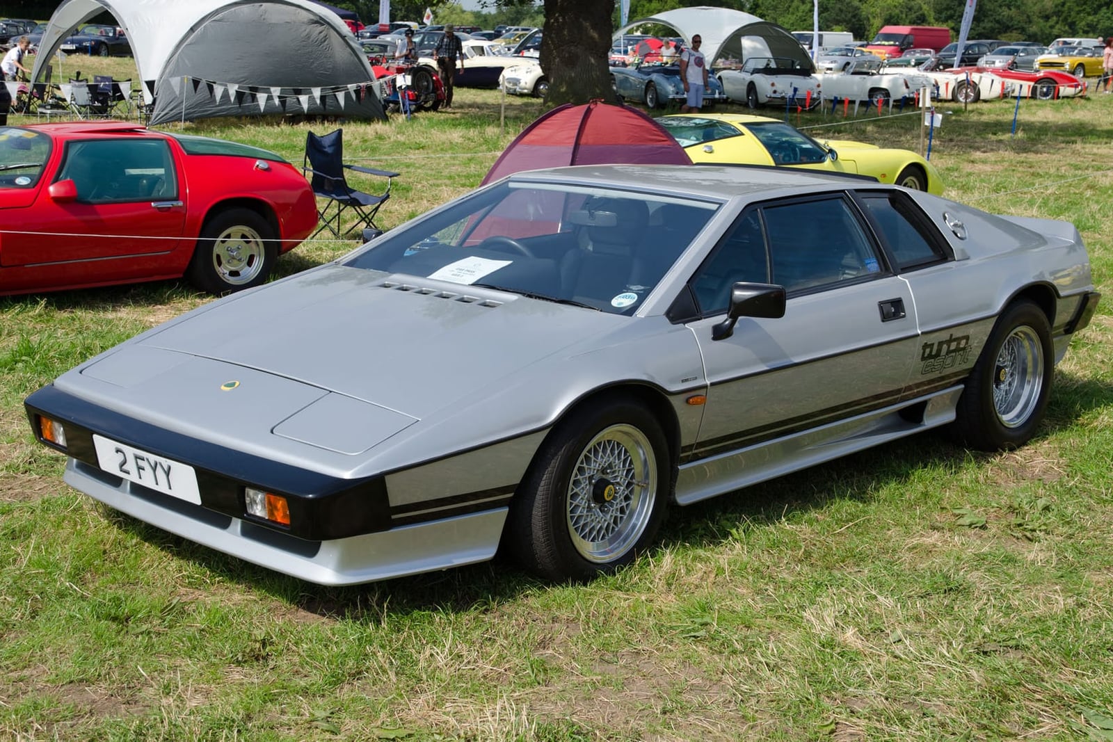 A silver 1983 Lotus Turbo Esprit on grass at a classic car show, front three-quarter view, private registration 2 FYY