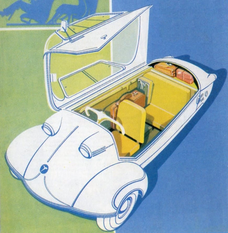 A period Messerschmitt brochure illustration showing the Kabinenroller with its canopy swung open